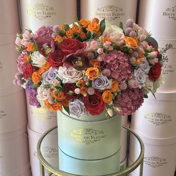 Large mixed bouquet of roses and hydrangeas in a round box