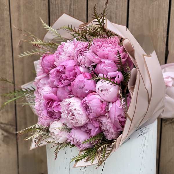 Bouquet of pink peonies wrapped in pale paper