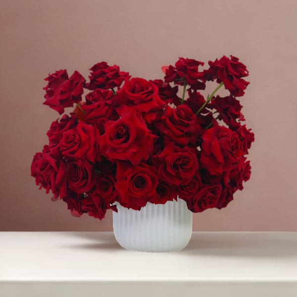 Red roses arranged in a white textured vase