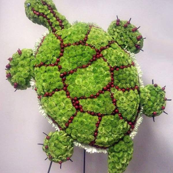 Turtle-shaped floral arrangement made of green blooms with red berry accents
