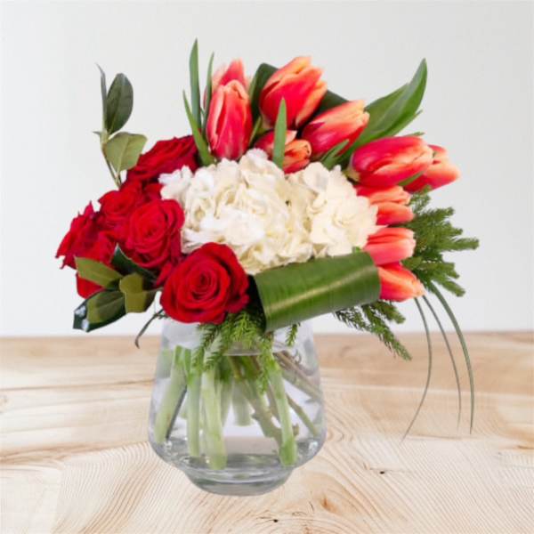 Red roses and coral tulips arranged in a clear glass vase with white hydrangeas