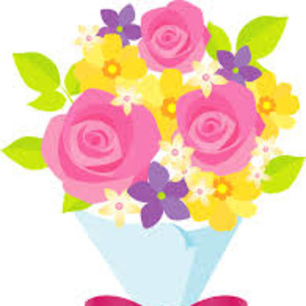 Bouquet of pink and yellow flowers wrapped in blue paper with a pink ribbon