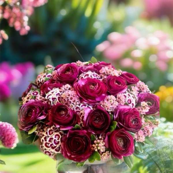 Bouquet of deep pink ranunculus in a glass vase