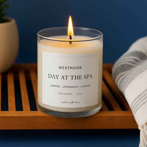 Lit soy candle in a clear glass jar on a wooden tray