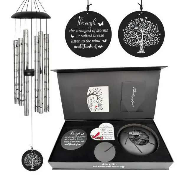 Black memorial wind chime and remembrance gift box with tree plaques