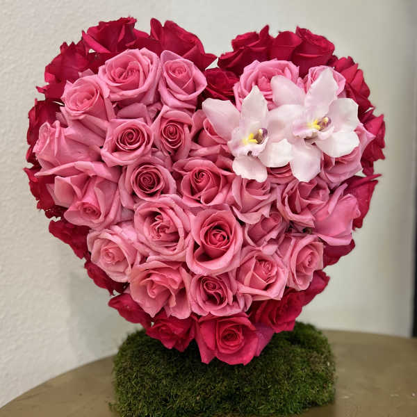 Heart-shaped arrangement of pink and red roses with white orchids on a moss base