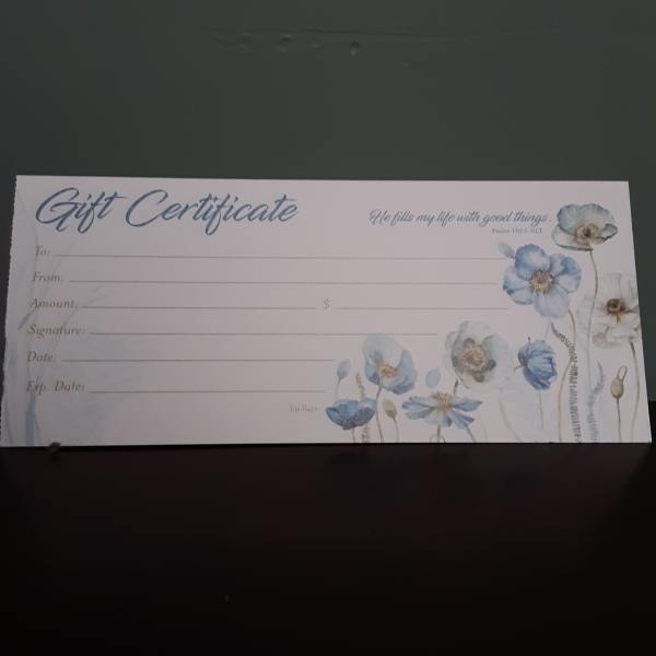 Floral gift certificate with blue and white flowers