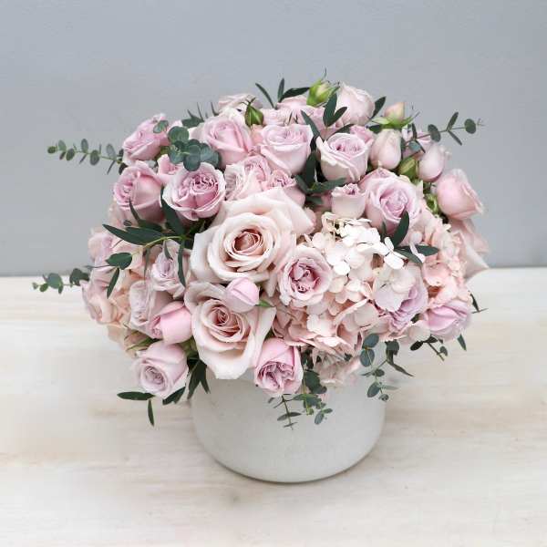 Compact arrangement of pale pink roses and hydrangeas in a white ceramic pot