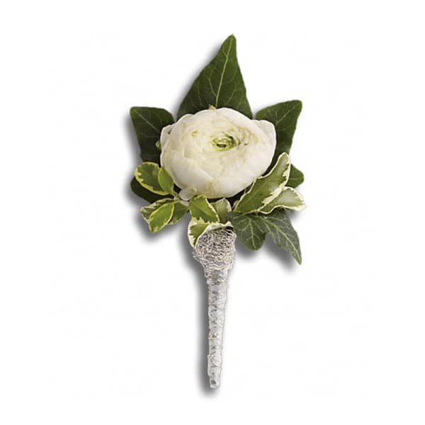 White ranunculus boutonniere with green leaves and wrapped stem