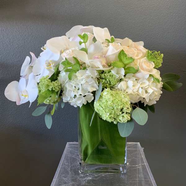 White orchids, roses, and hydrangeas in a tall glass vase