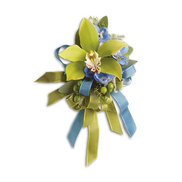 Corsage with green orchid and blue ribbon accents