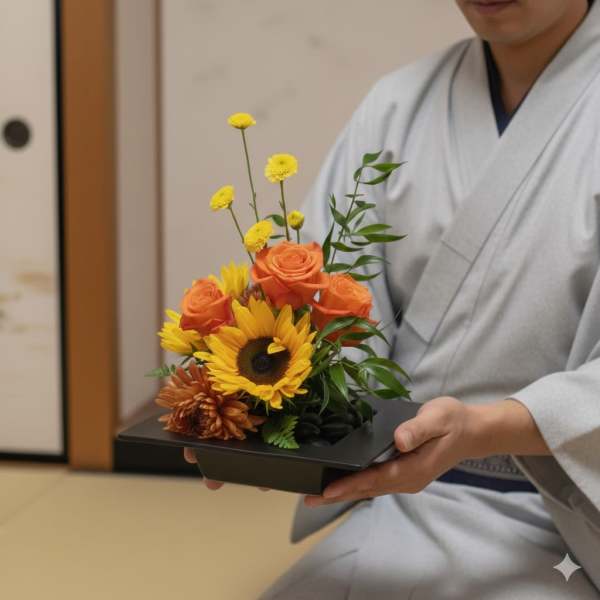 Small floral arrangement with orange roses and a sunflower in a black tray