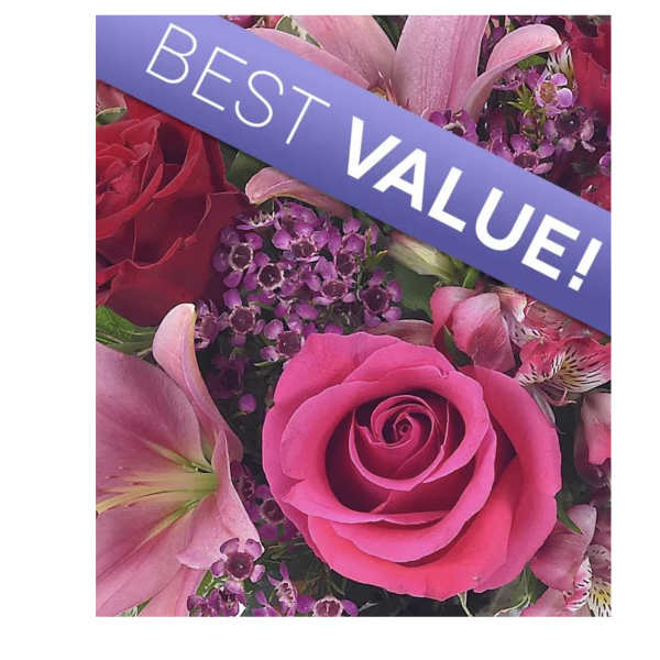 Pink roses and lilies with purple filler flowers and a "BEST VALUE!" ribbon