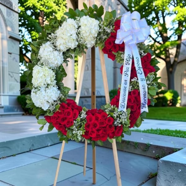 Red and white rose wreath on a wooden easel with a ribbon