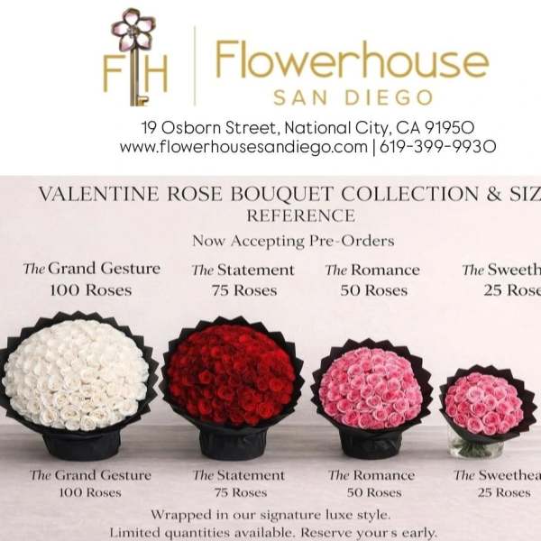 Poster showing four rose bouquets in white, red, and pink.