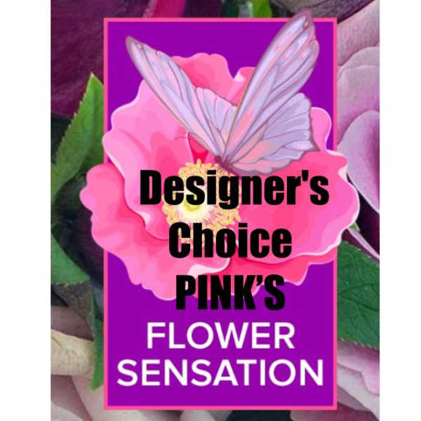 Pink flower graphic with a butterfly and text reading Designer's Choice