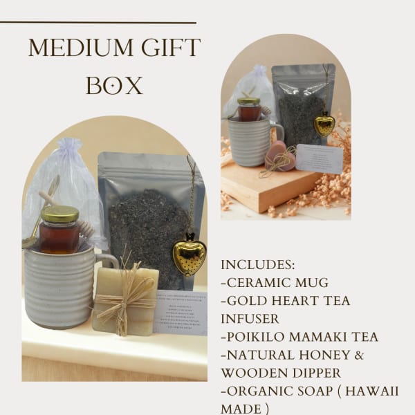Gift box with a ceramic mug, honey, tea, soap, and a tea infuser
