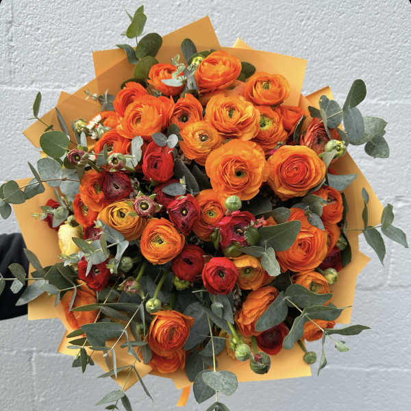 Bouquet of orange and red ranunculus with eucalyptus in orange wrap