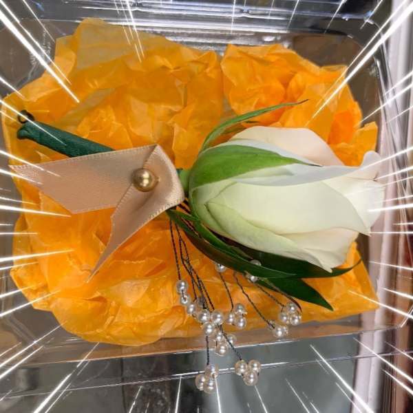 White rose boutonniere with ribbon and pearl accents on orange tissue