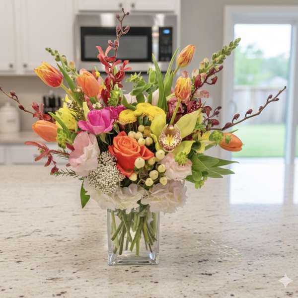 Colorful mixed bouquet in a clear glass vase