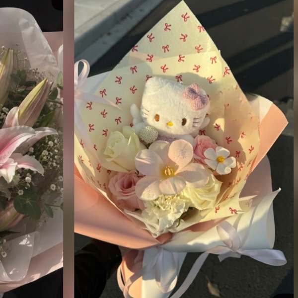 Two pastel bouquets, one with pink lilies and one with a Hello Kitty plush
