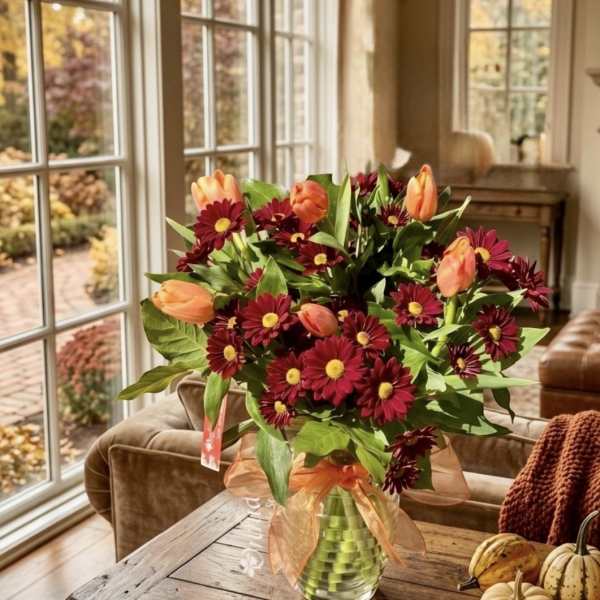 Bouquet of burgundy daisies and peach tulips in a glass vase