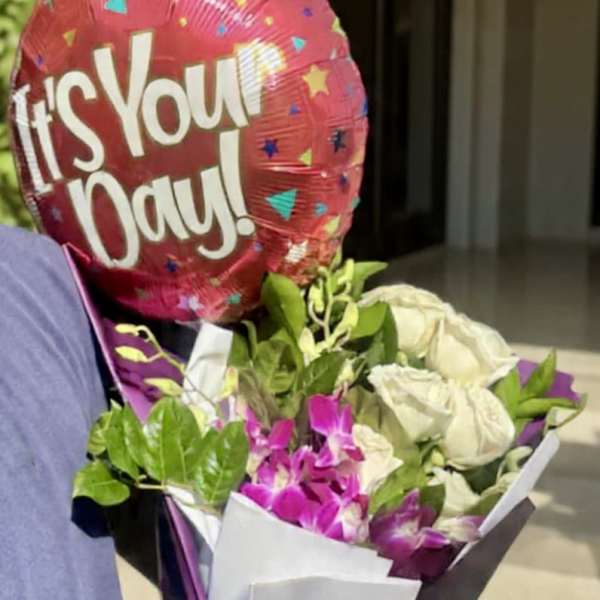 It's Your Day Balloon + White Roses & Exotic Purple Orchids Hand Wrapped Bouquet