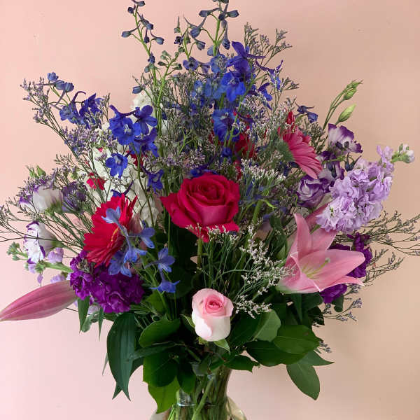 Blue & Pink Copper Flower Arrangement | Maximalist Show-Stopper Flower Delivery in San Francisco