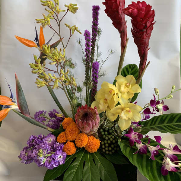 Tropical floral arrangement with red ginger, yellow orchids, and purple blooms in a black container