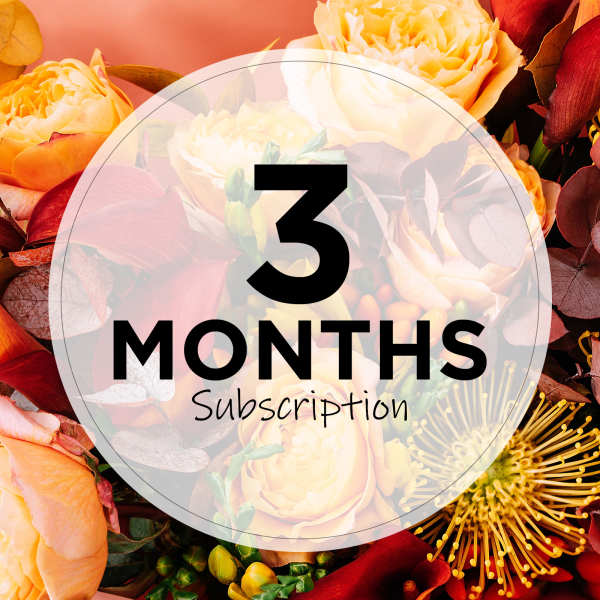 Mixed bouquet with peach and burgundy flowers and a "3 months subscription" label