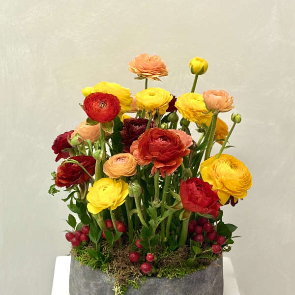 Low gray bowl filled with tall yellow, orange, and red blooms accented with red berries.