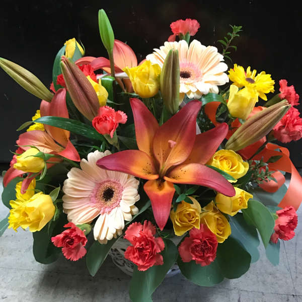 Mixed bouquet with lilies, gerbera daisies, roses, and carnations