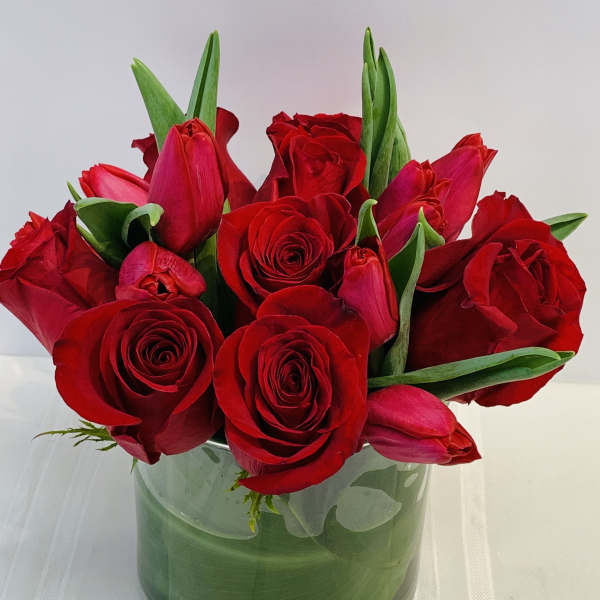 Large red roses and red tulips - W662