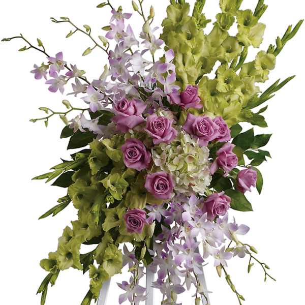 Tall floral spray with pink roses and lavender orchids on a white stand