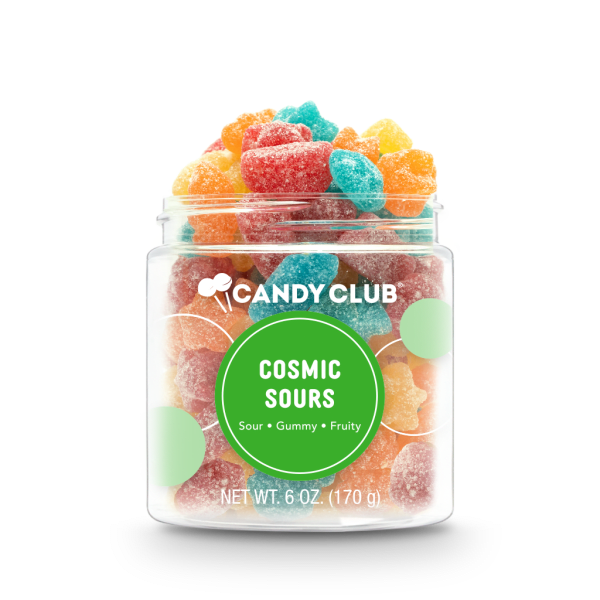 Jar of multicolored sour gummy candies labeled Candy Club Cosmic Sours