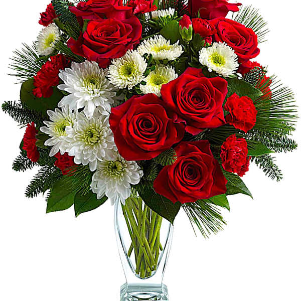 Red roses and white daisies in a clear glass vase