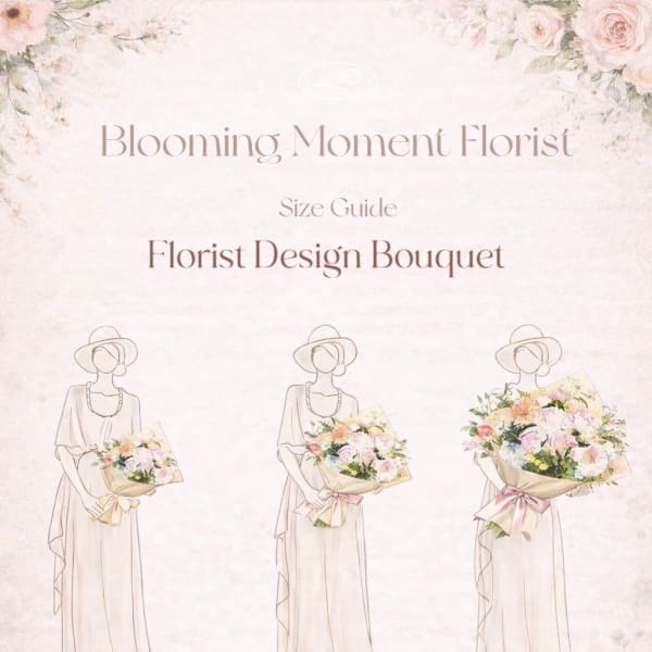Size guide poster showing three bouquet sizes held by illustrated women