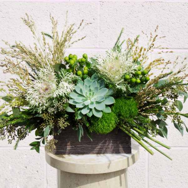 Succulent arrangement with green berries and airy grasses in a rectangular container