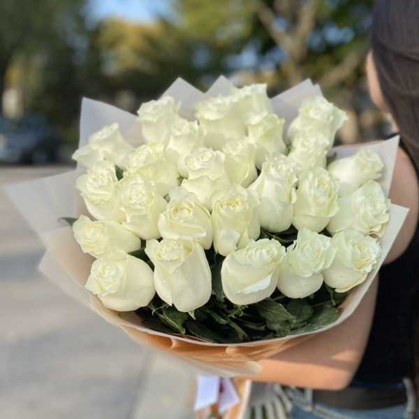 Bouquet of white roses wrapped in pale paper