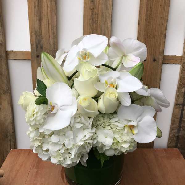 White orchid and hydrangea arrangement in a dark glass vase
