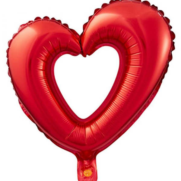 Red heart-shaped foil balloon on a white background
