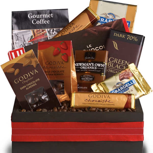 Gift box filled with assorted chocolate bars and candy