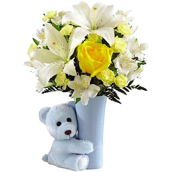 White lilies and yellow roses in a blue vase with a teddy bear
