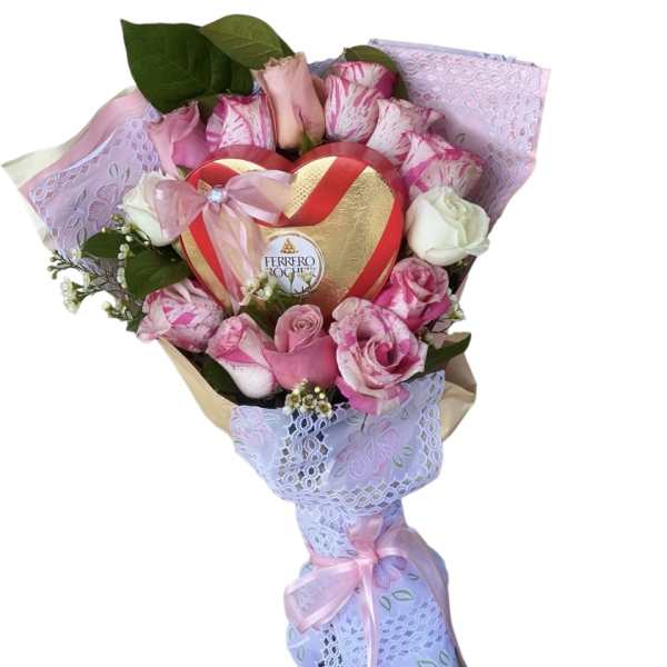 Pink and white rose bouquet with a heart-shaped chocolate box
