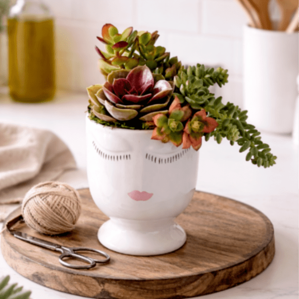 Succulent arrangement in a white face-shaped planter on a wooden tray
