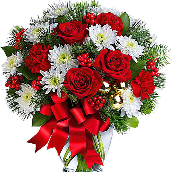 Red roses and white daisies in a glass vase with a red ribbon