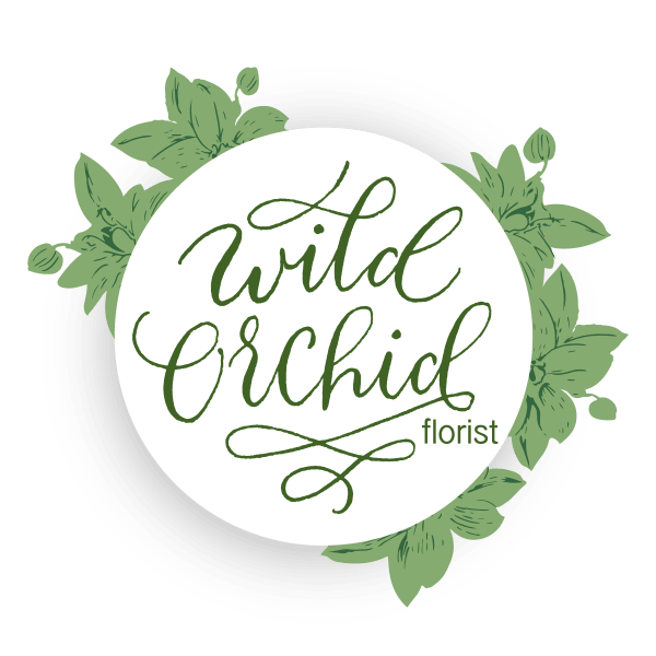 Wild Orchid florist logo with green floral wreath