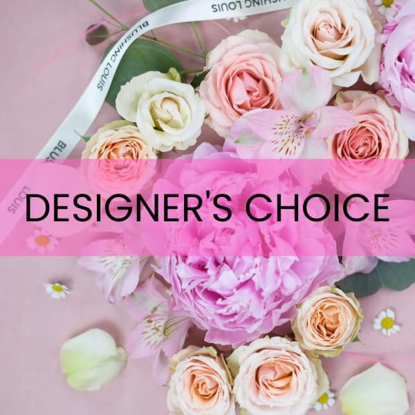 Flat lay of pink and cream roses, a large pink peony, and mixed blooms with Designer's Choice text overlay