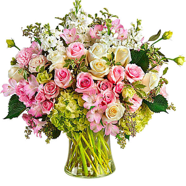 Pink and white roses with alstroemeria in a glass vase