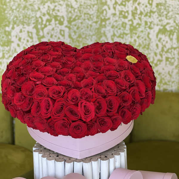 Heart-shaped box of red roses with pink heart boxes below
